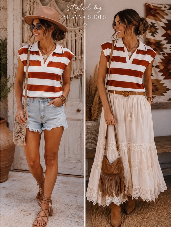 Zenana Outfitters Dresses & Skirts - Zenana Striped Rust and White Cap Sleeve Viscose Top